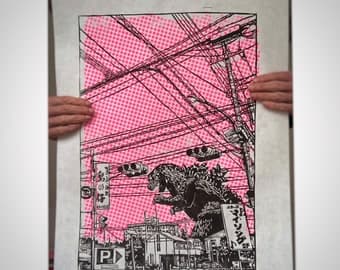 Handgemaakte Godzilla linosnede zeefdruk: Japanse monsterkunstposter (groot DIN A2) - image 1