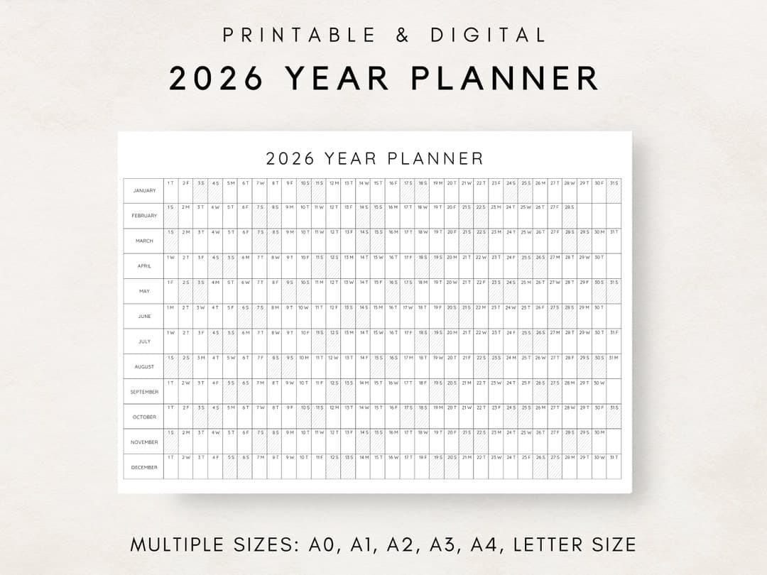 2026 Year Planner Printable, Yearly Planning Calendar, Calendar Poster, Digital Calendar, 2026 Calendar, 2026 Planner, Year at a glance - image 1