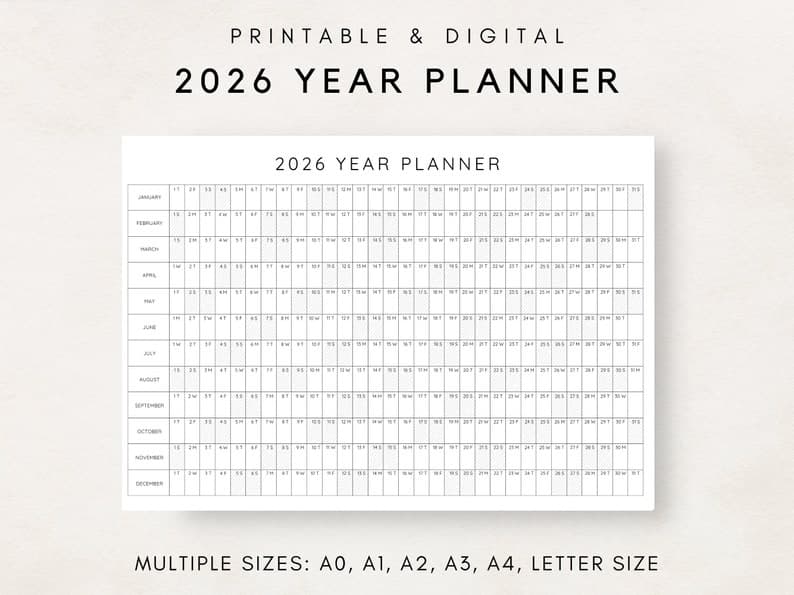 2026 Year Planner Printable, Yearly Planning Calendar, Calendar Poster, Digital Calendar, 2026 Calendar, 2026 Planner, Year at a Glance - image 1