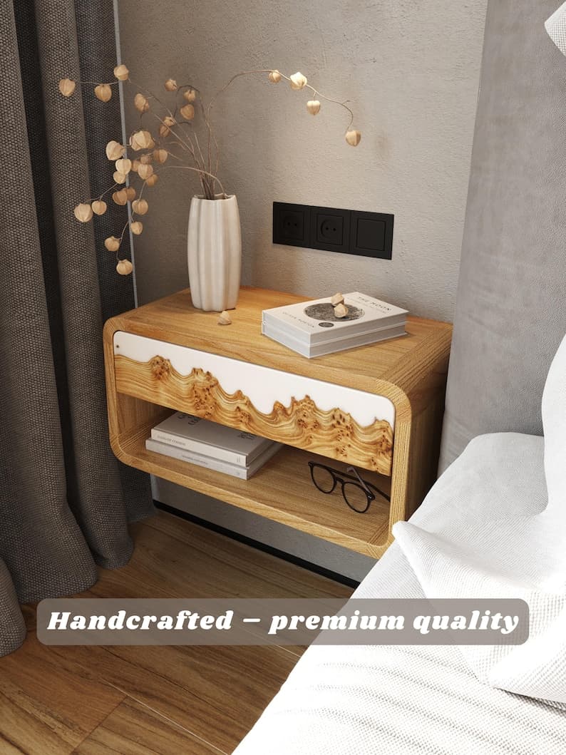 Handmade Floating Nightstand with Drawer made from Epoxy Resin & Wood | Wooden Bedside Tables wall mounted – Modern Furniture for Bedroom - image 1