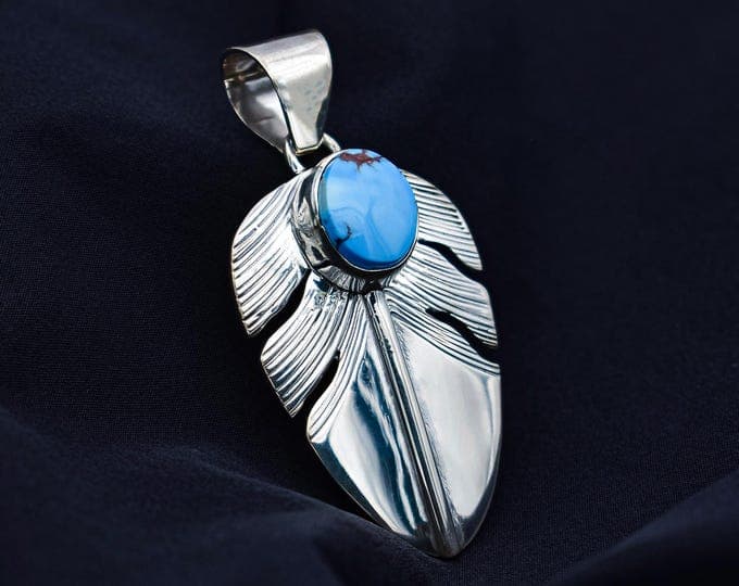 DAVIDHEESHEE Native American Navajo Turquoise Sterling Silver Handmade Feather Pendant Necklace | Kazakhstan Golden Hills Turquoise Jewelry - image 1