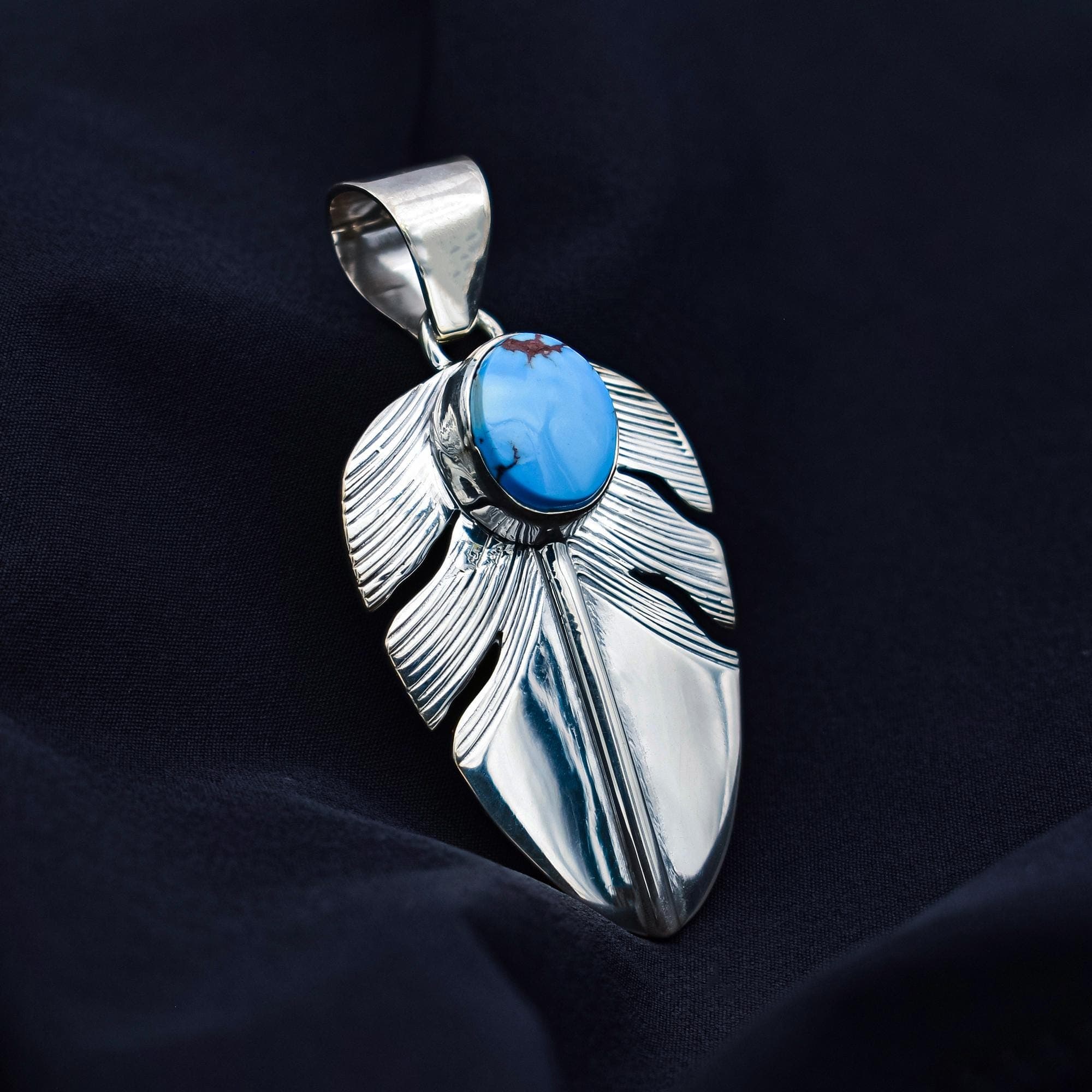 DAVIDHEESHEE Native American Navajo Turquoise Sterling Silver Handmade Feather Pendant Necklace | Kazakhstan Golden Hills Turquoise Jewelry - image 1