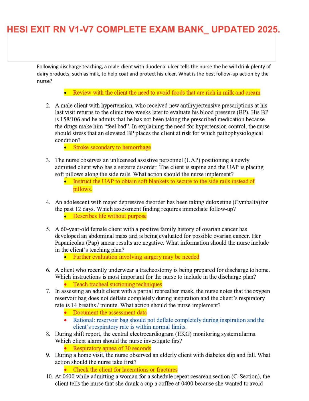 HESI RN EXIT Exam Bank V1-V7: 160+ Questions & Answers (2024/2025) - image 1