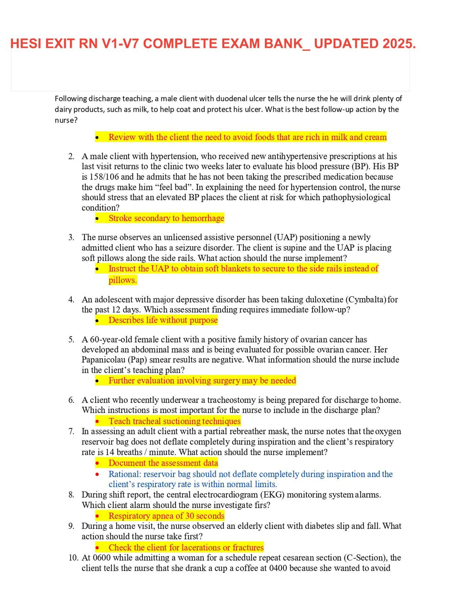 HESI RN EXIT Exam Bank V1-V7: 160+ Questions & Answers (2024/2025) - image 1