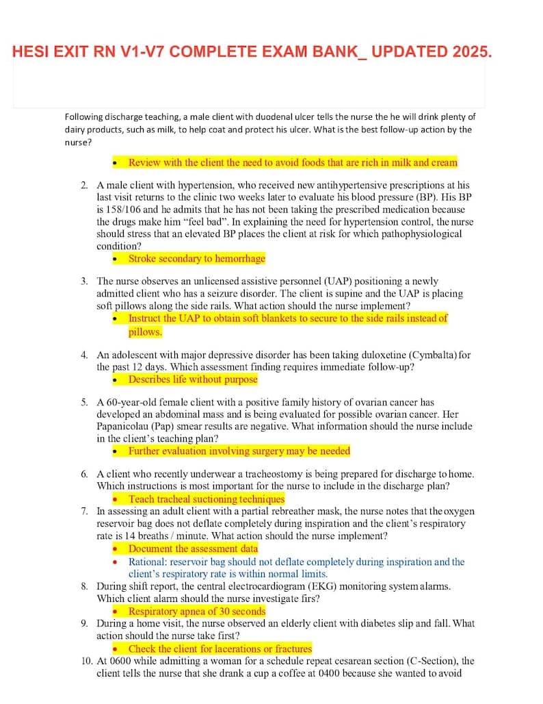 HESI RN EXIT Exam Bank V1-V7: 160+ Questions & Answers (2024/2025) - image 1