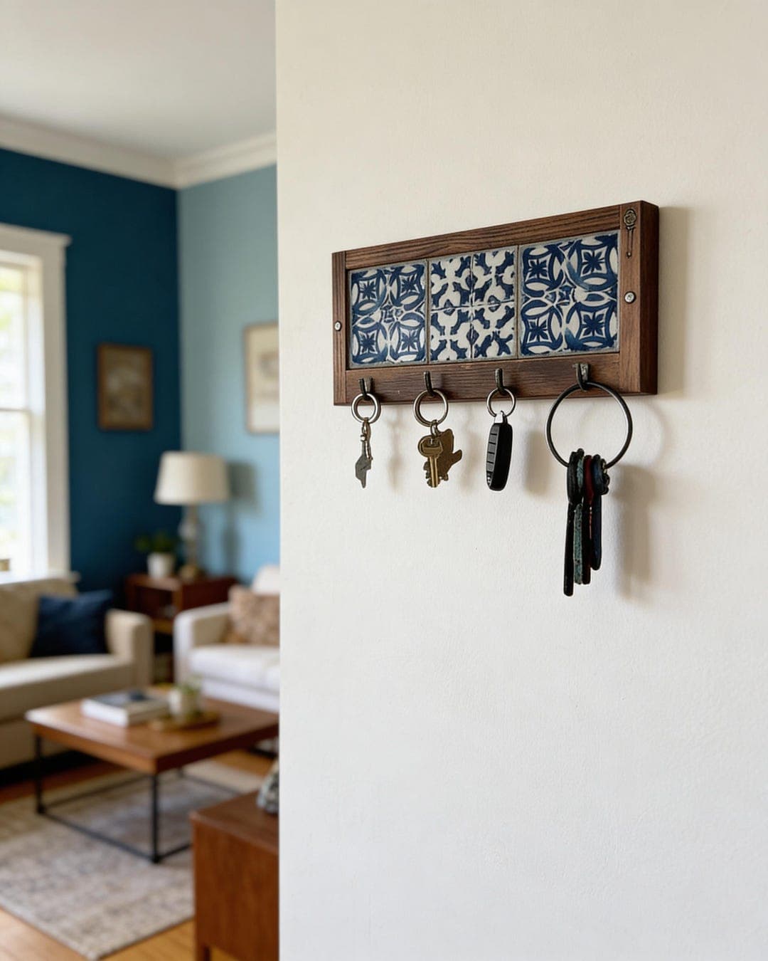 Rustic Wooden Key Holder with Spanish Tile & Bronze Hooks - image 1