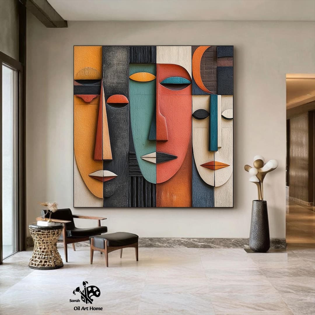 Original 3D Abstract Wooden Face Wall Sculpture, Boho Handmade Woodcarving Wall Art, Geometric Wooden Face Wall Decor for Home - image 1