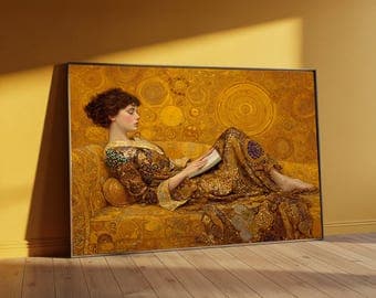 Gustav Klimt Golden Woman Reading Canvas, Elegant Art Nouveau Wall Decor, Decorative Home Canvas, Artistic Female Portrait Print - image 1