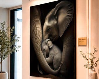 Elephant Family Large Wall Art, Mother and Baby Elephant Portrait Canvas Wall Art for Living Room Contemporary Decor - image 1