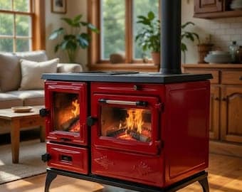 Red Cast Iron Wood Burning Stove – Heavy Duty Indoor Heating – Rustic Home Cabin Appliance - image 1