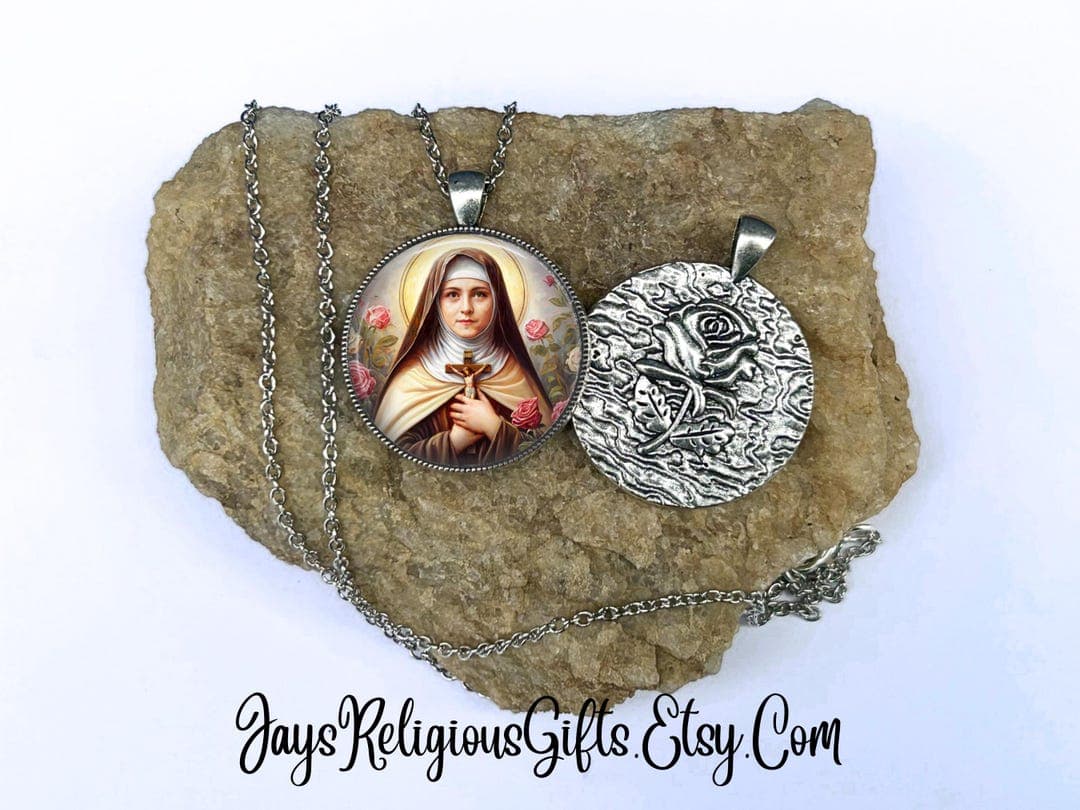 LARGE - Saint Therese of Lisieux Silver Flower Necklace - Catholic Patron Saint Gift for Women - Religious Saint Jewelry Gift for her - image 1