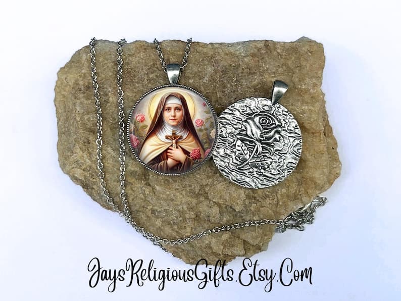 LARGE - Saint Therese of Lisieux Silver Flower Necklace - Catholic Patron Saint Gift for Women - Religious Saint Jewelry Gift for Her - image 1
