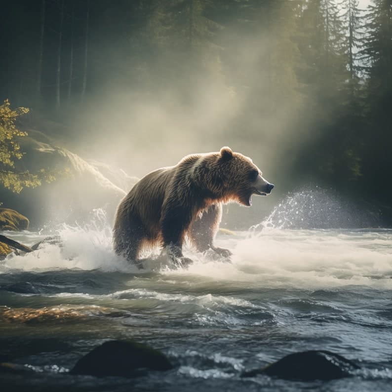Grizzly Bear Canvas Print, Foggy Forest Scene Wall Art - image 1