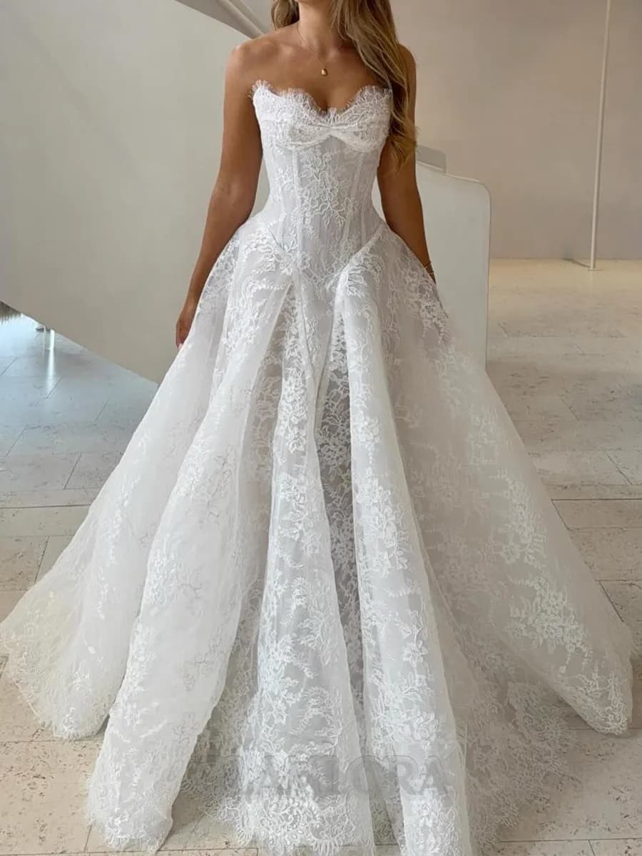 Perfect A-Line Lace Corset Wedding Dress with Appliques and Chapel Train - image 1