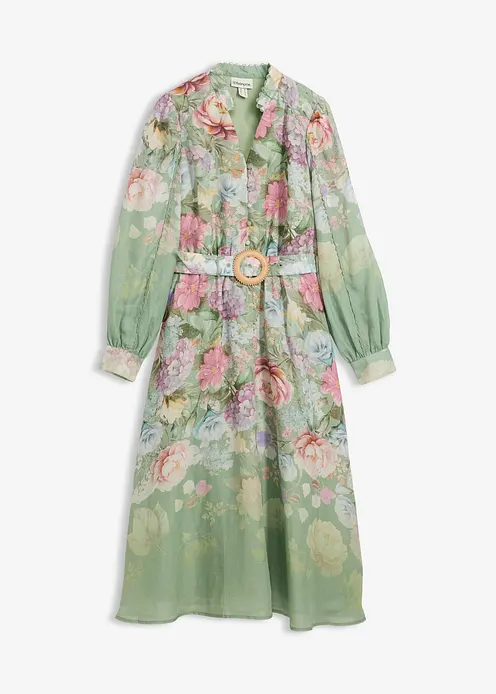 Midikleid aus Ramie 2-tlg. Set mit Gürtel, blassgrün floral, Größe 40 - image 1
