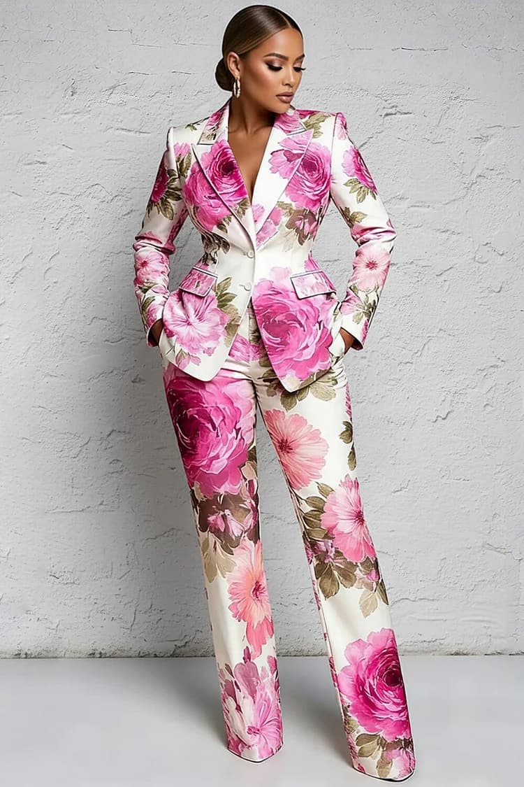 Xpluswear Design Plus Size Formal Pink Floral Lapel Collar Long Sleeve Pocket Two Piece Pant Suits - image 1