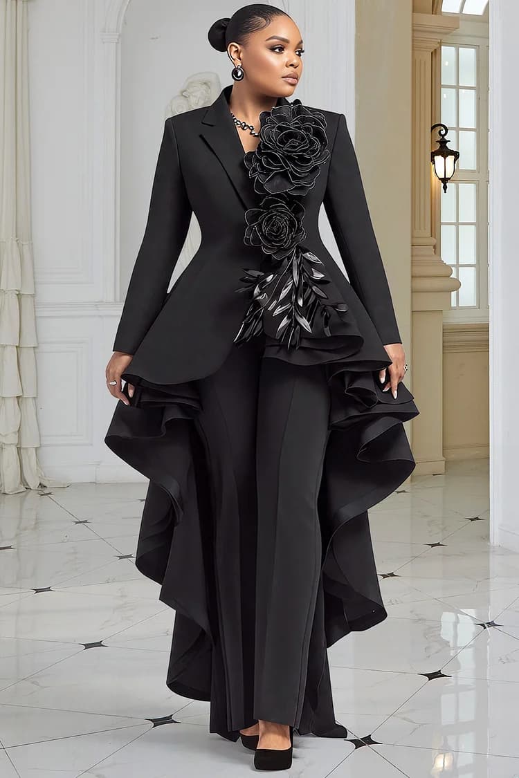 Xpluswear Design Plus Size Black Lapel Collar Long Sleeve Asymmetric Hem Elegant Two-Piece Pant Suit for Wedding Guest - image 1