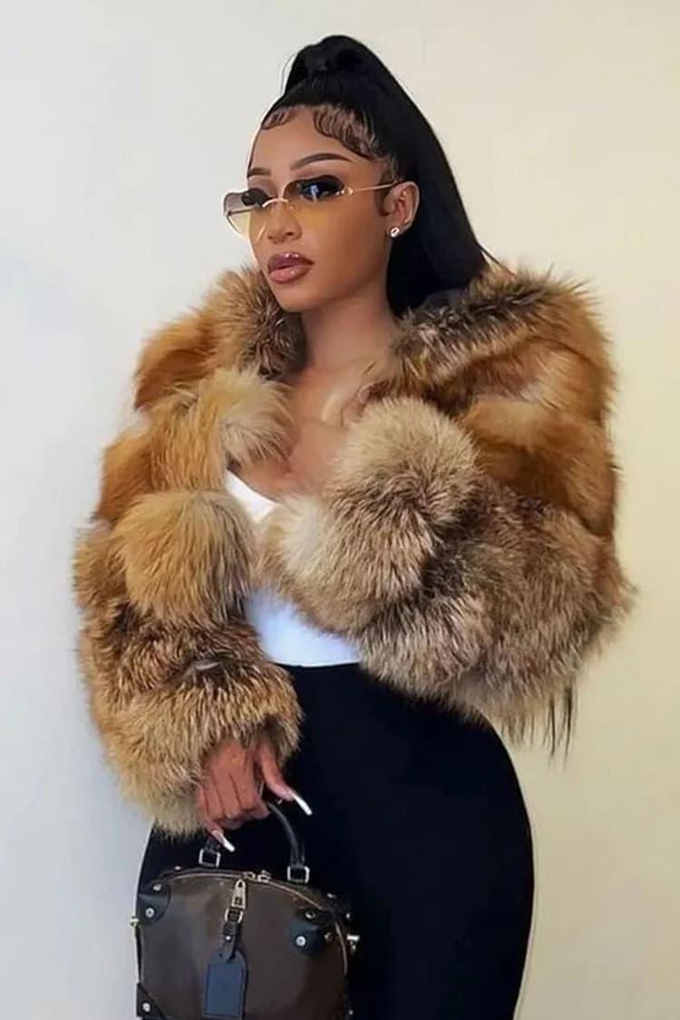 Long Sleeve Hooded Front Open Quilted Faux Fur Crop Coat - Brown - image 1