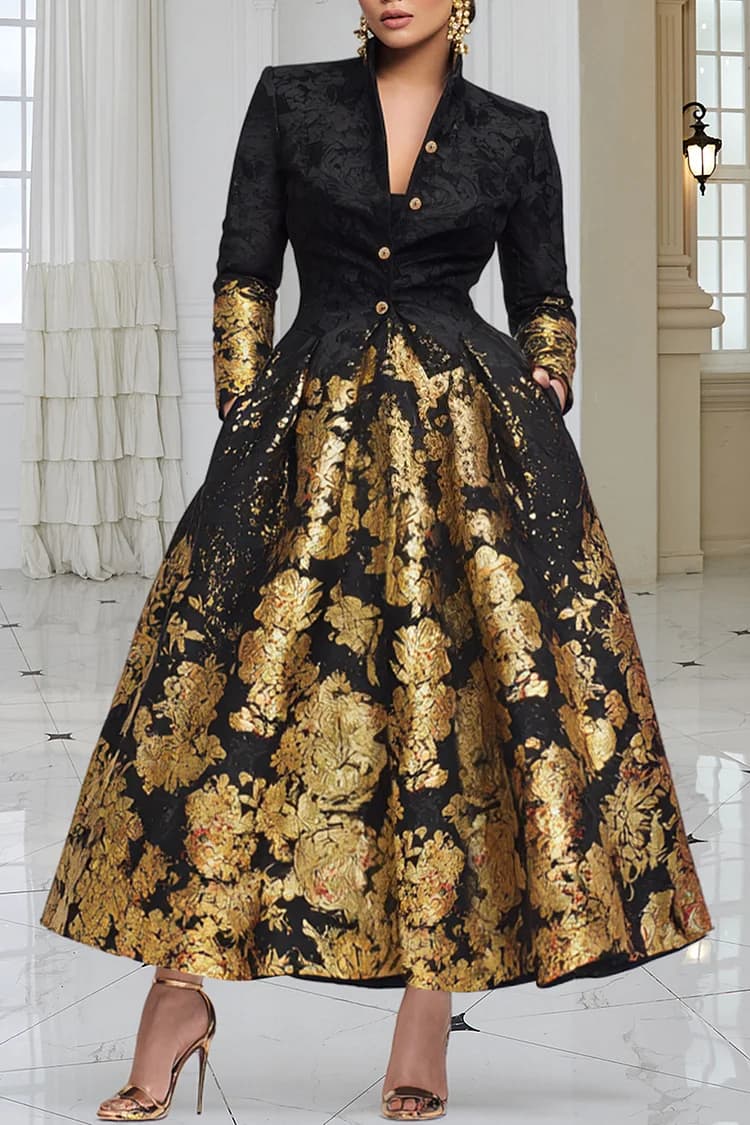 Xpluswear Design Plus Size Churchs Black Graphic Long Sleeve Pocket Elegant Button Satin Maxi Dresses - image 1