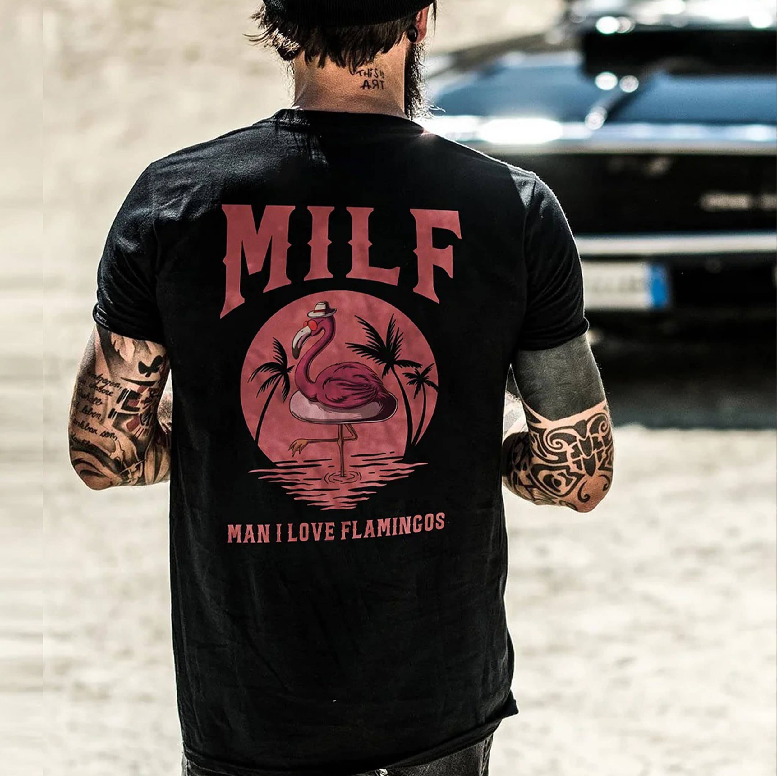 MILF MAN I LOVE FLAMINGOS Graphic Black Print T-shirt - image 1