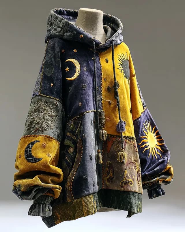 Women's Star and Moon 3D Celestial Embroidery Contrast Color Stitching Hooded Sweatshirt - image 1