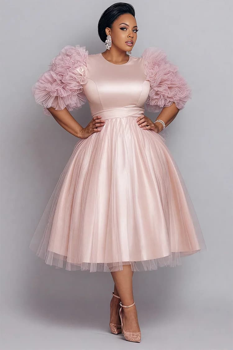 Xpluswear Design Plus Size Formal Pink Round Neck Long Sleeve 3D Satin Tulle Midi Dress - image 1