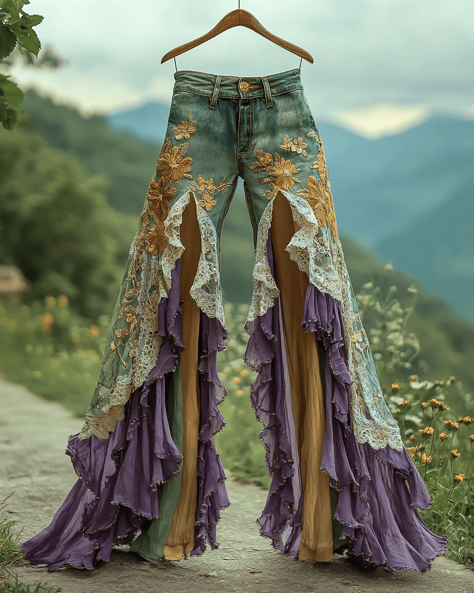 Summer ruffled denim cotton and linen patchwork contrast color pants 8764 - image 1