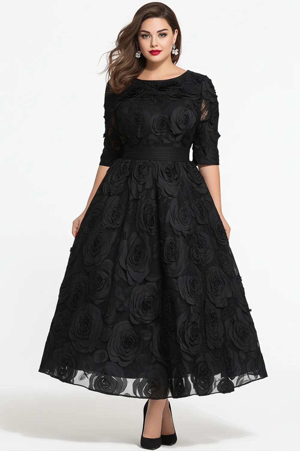 Flycurvy Plus Size Wedding Guest Black 3D Rose Jacquard Half Sleeve Maxi Dress - image 1