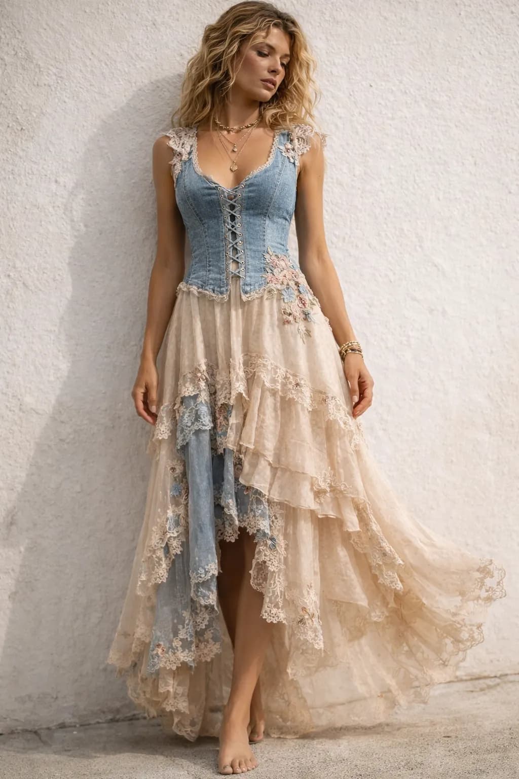 Women's Denim and Lace Layered Maxi Dress with Corset Back and Floral Embroidery - image 1