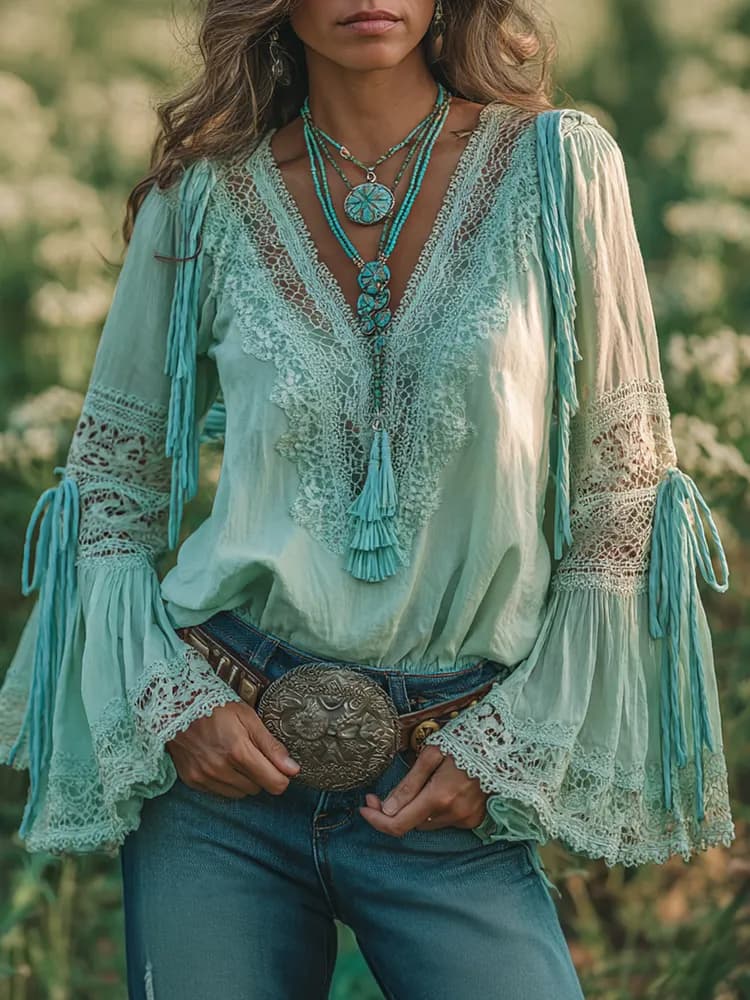 Ursime Daily Green V Neck Long Sleeve Strappy Boho Contrast Lace Blouse - image 1