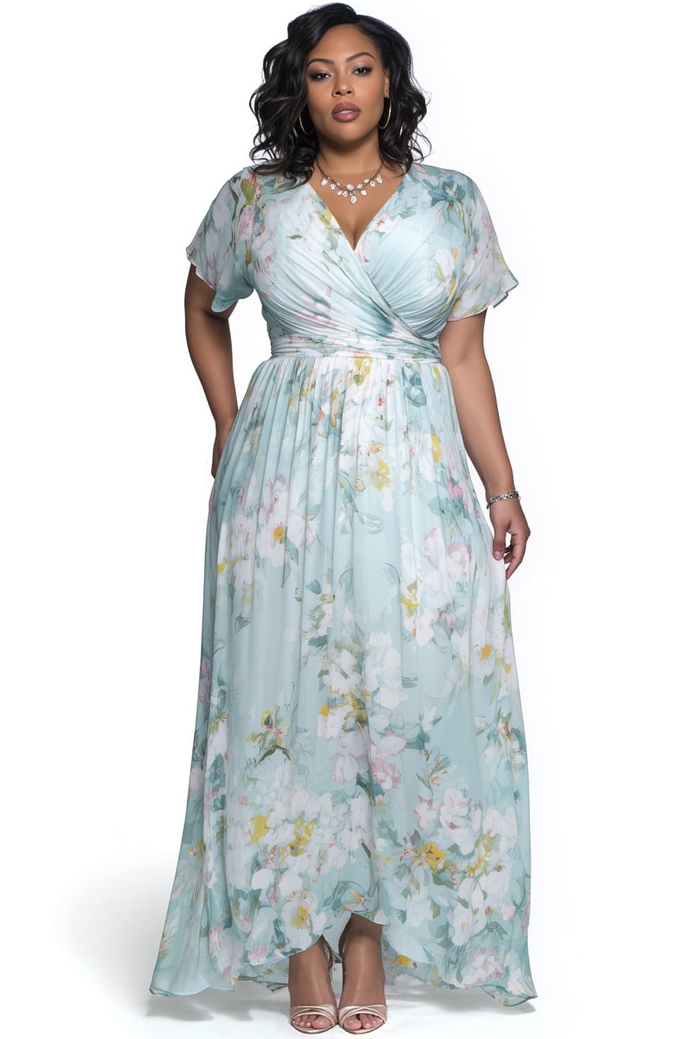 Flycurvy Plus Size Wedding Guest Light Blue Chiffon Floral Print Wrap Flutter Sleeve Maxi Dress - image 1