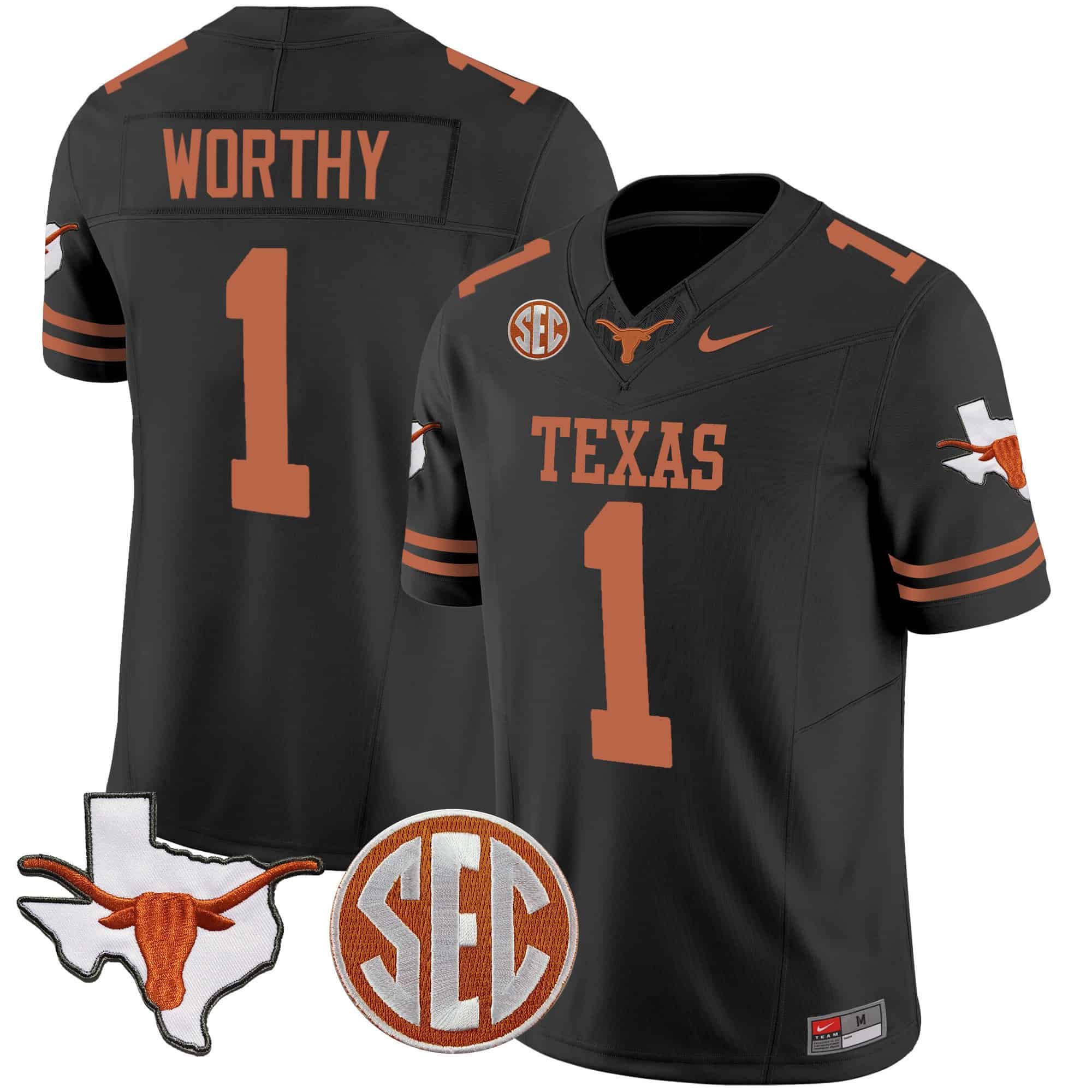 Men’s Texas Longhorns State Map & SEC Patch Vapor Jersey V4 – All Stitched – Black – Xavier Worthy - image 1