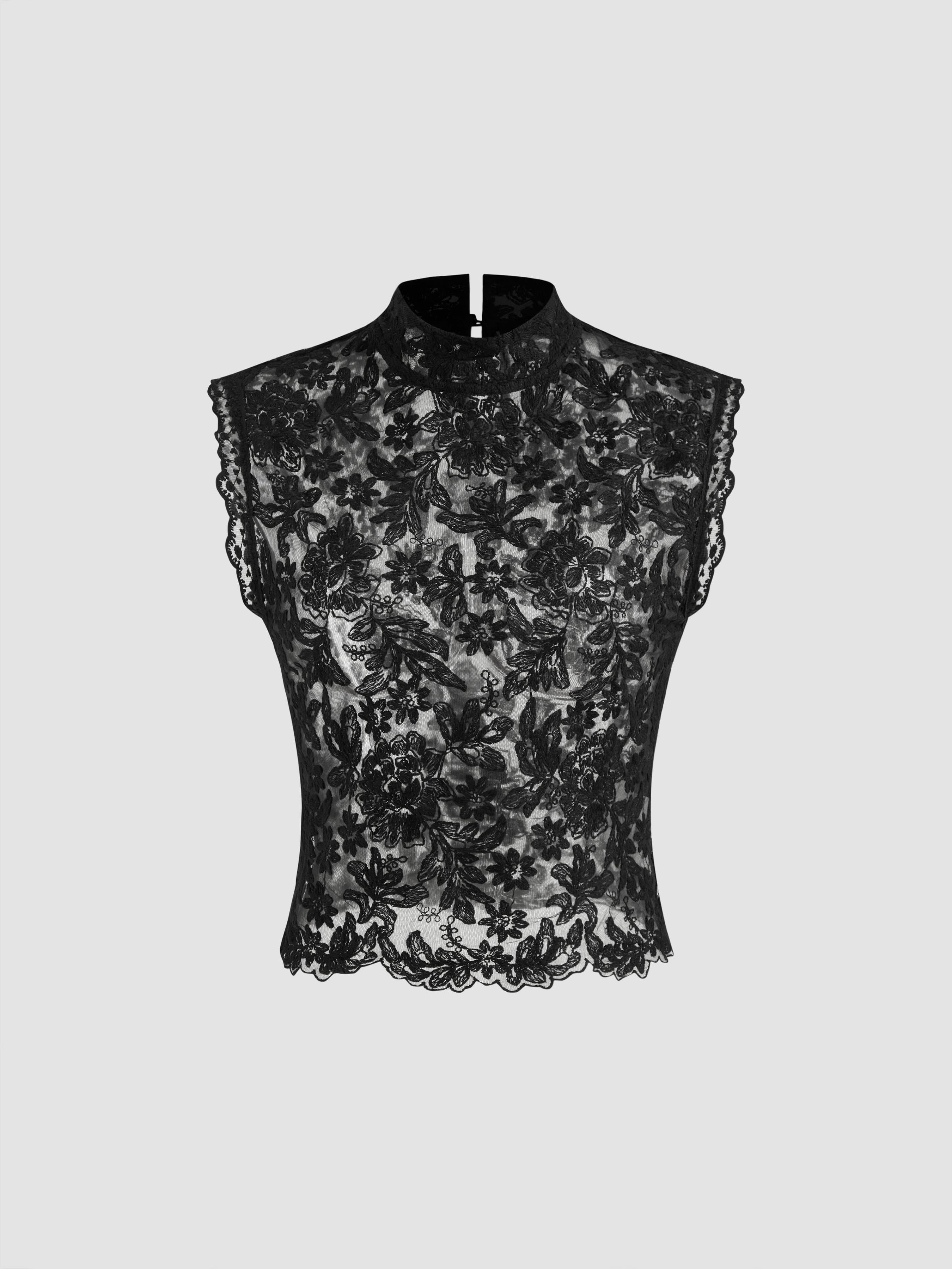 Lace Mandarin Collar Floral See-through Tank Top - image 1