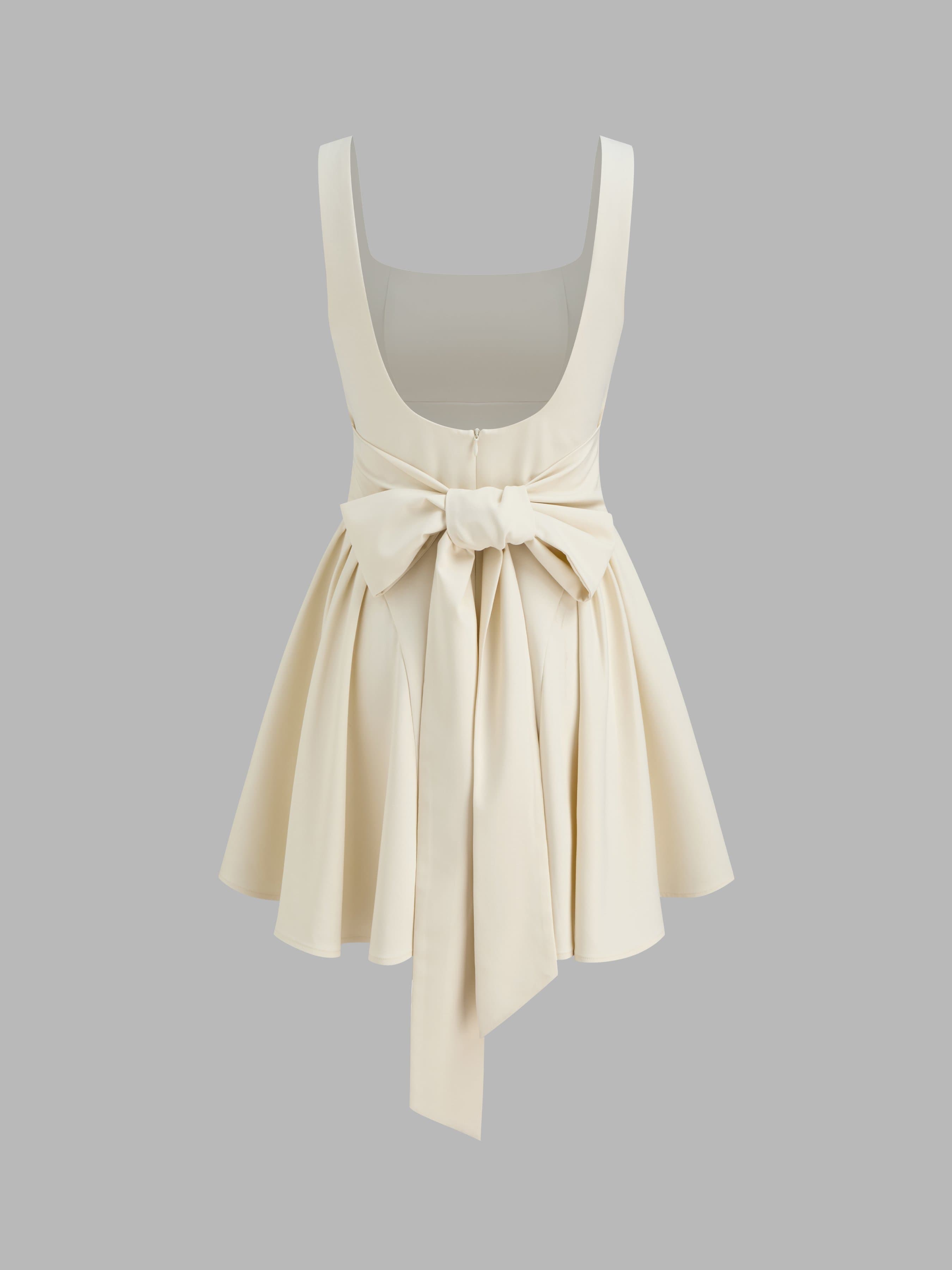 Square Neck Solid Ruffle Pleated Knotted Mini Dress - image 1