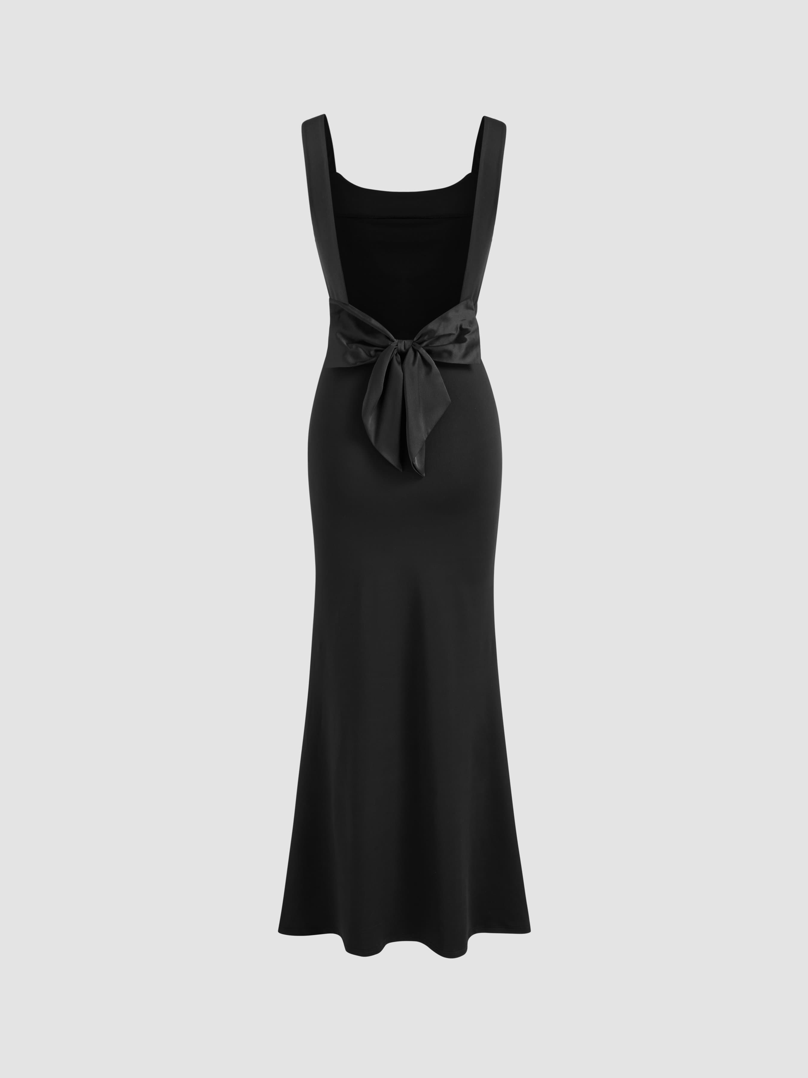 Scoop Neckline Solid Bowknot Backless Maxi Dress - image 1
