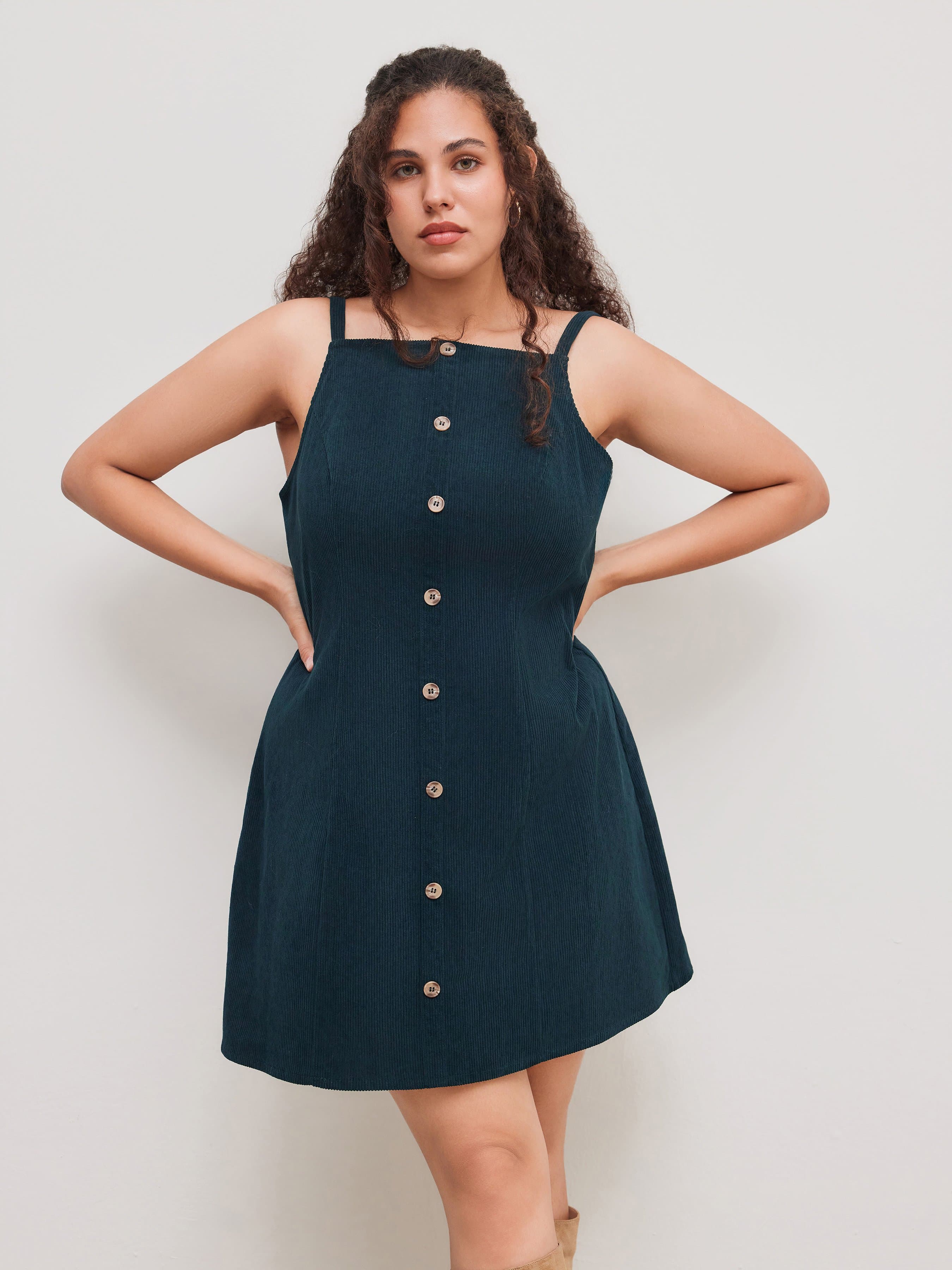 Corduroy Square Neck Solid Button Mini Dress Curve & Plus - image 1