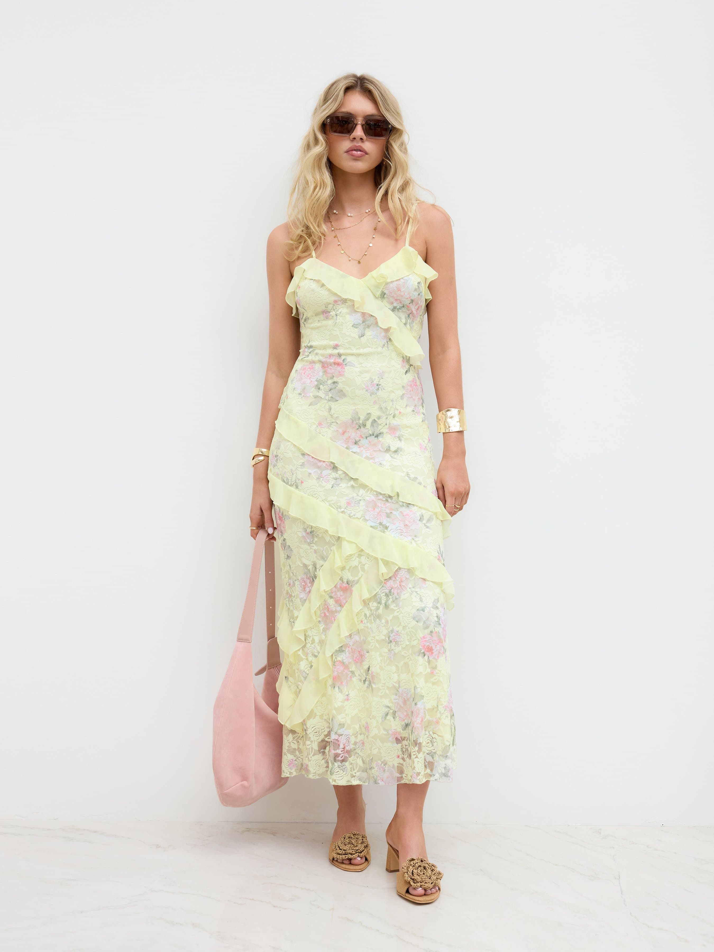 Lace V-neck Floral Ruffle Maxi Dress - image 1