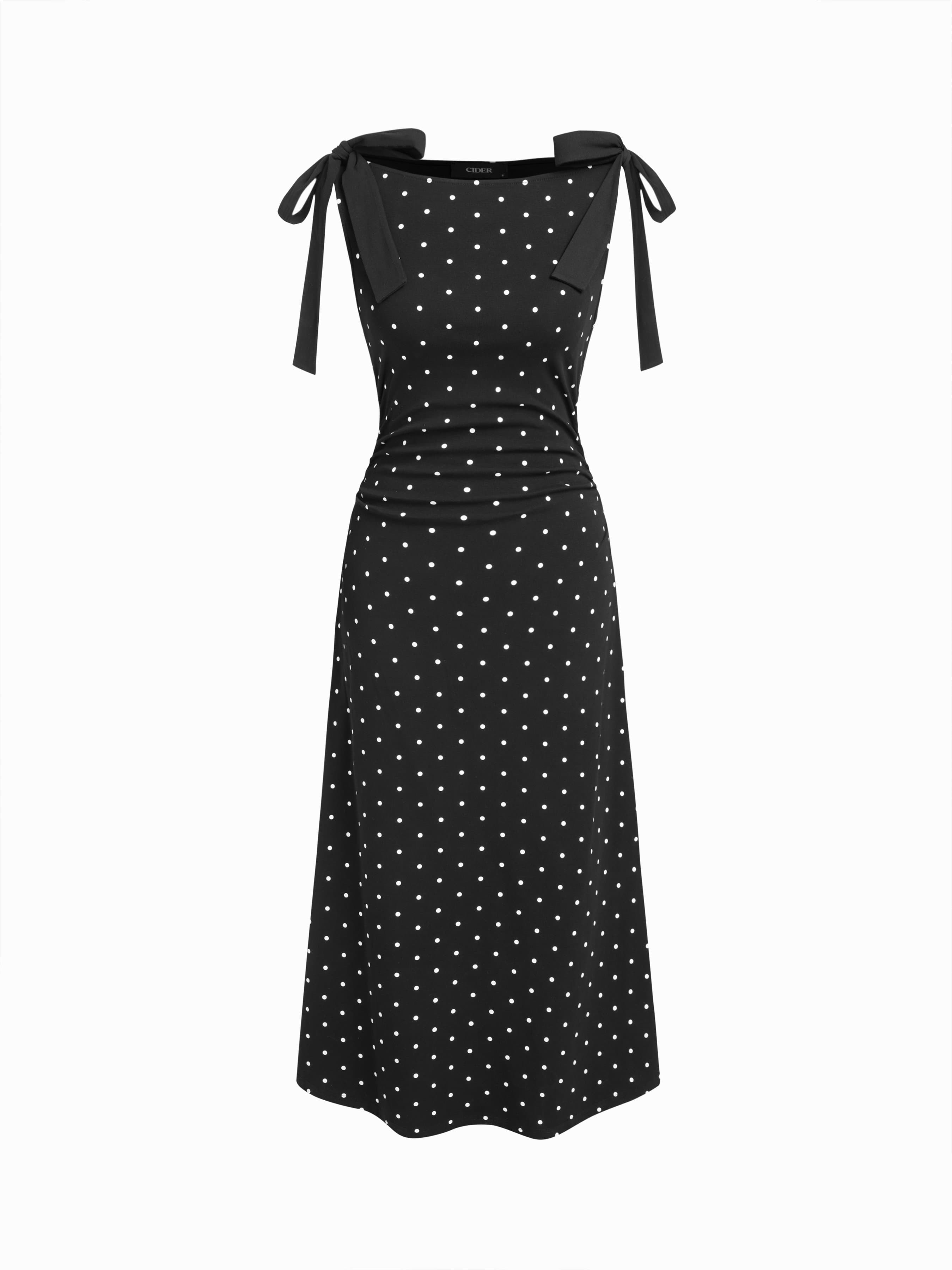 Cotton-blend Boat Neck Polka Dot Bowknot Midi Dress - image 1