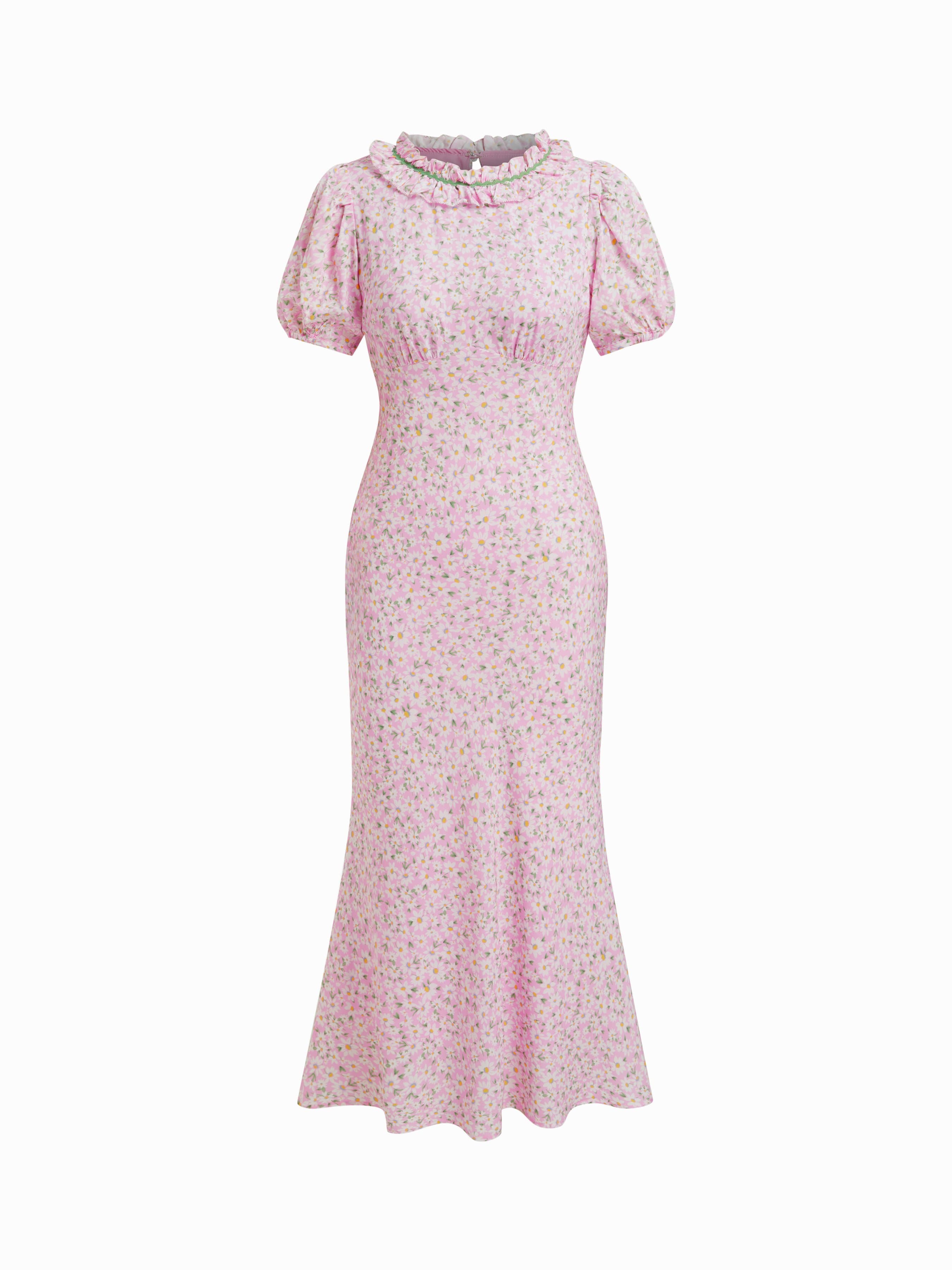 Floral Ruffled Puff Sleeve Mermaid Maxi Dress - image 1