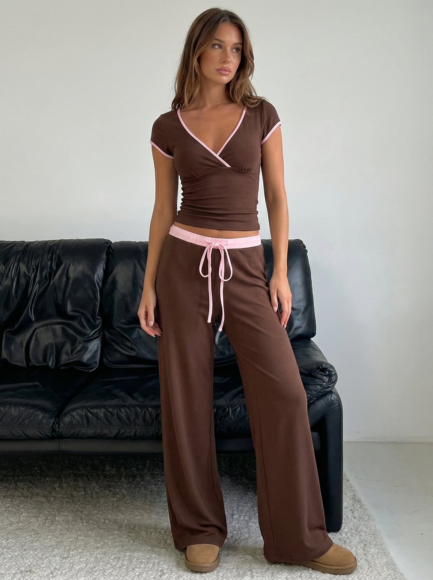 Cotton-blend V-neck Two Tone Top & Mid Rise Drawstring Straight Leg Trousers Set - image 1
