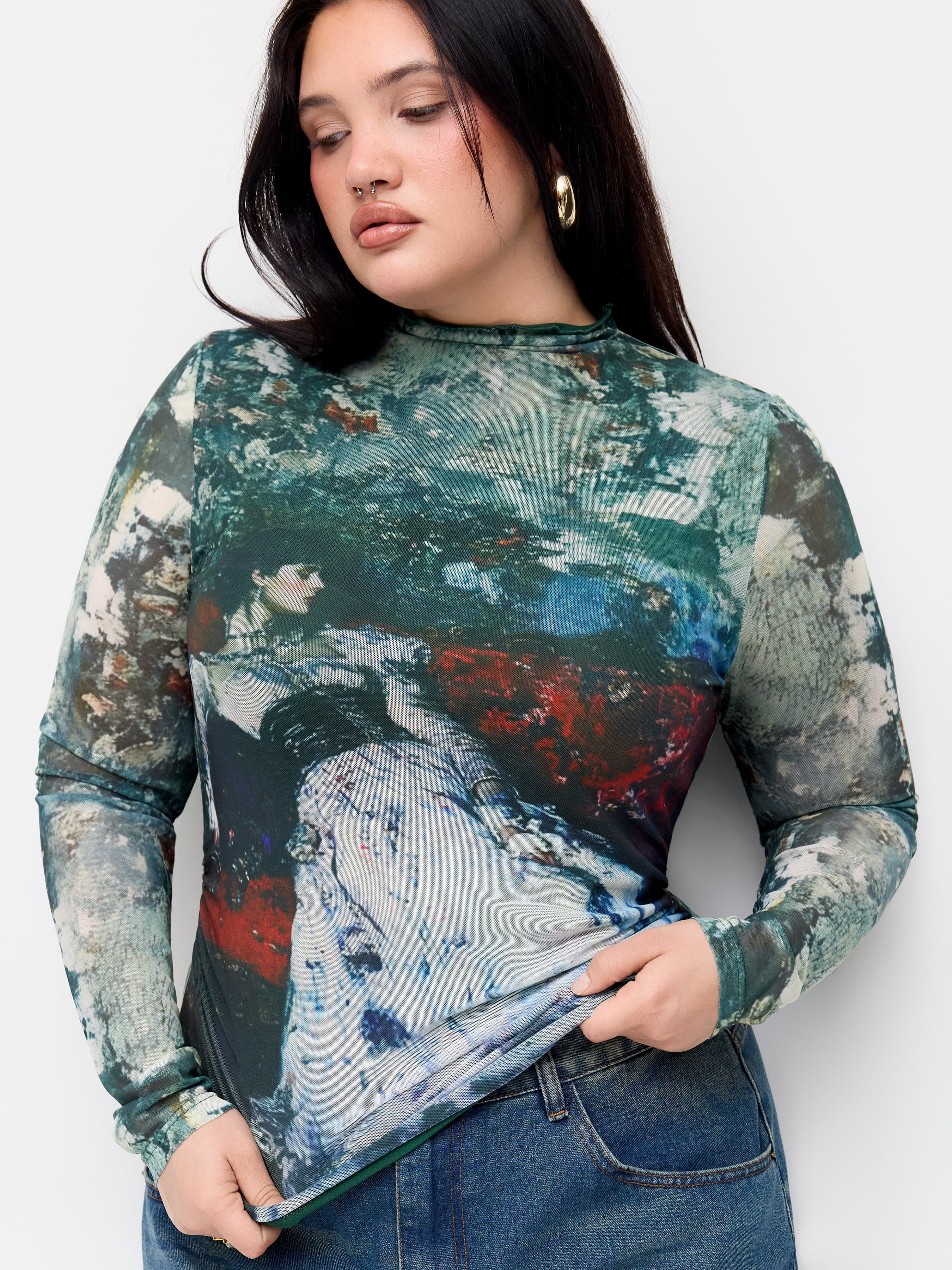 Mesh Oil Painting High Neck Lettuce Trim Bodysuit Curve & Plus Size - image 1