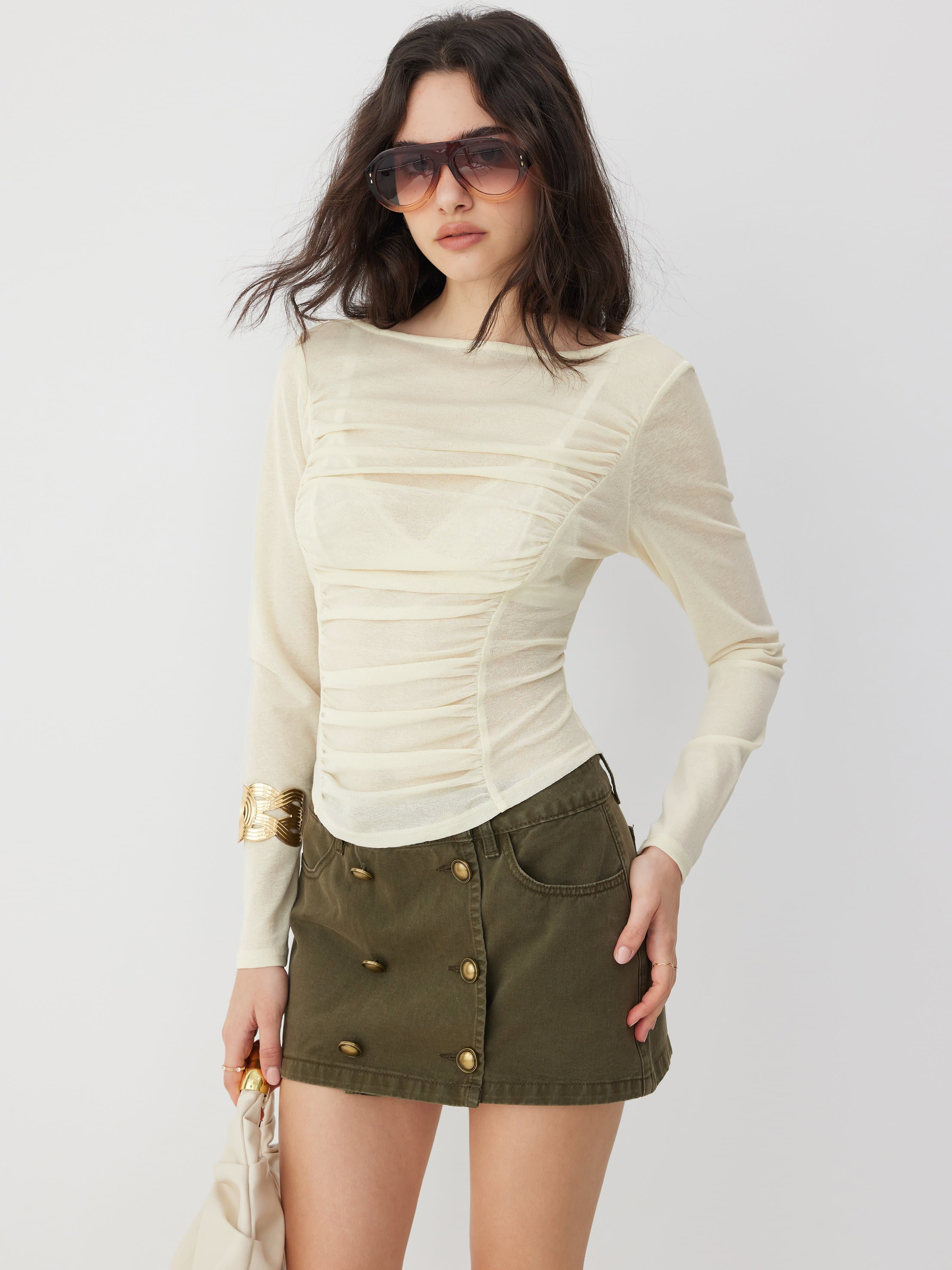 Textured Boat Neck Ruched Long Sleeve Tee - image 1