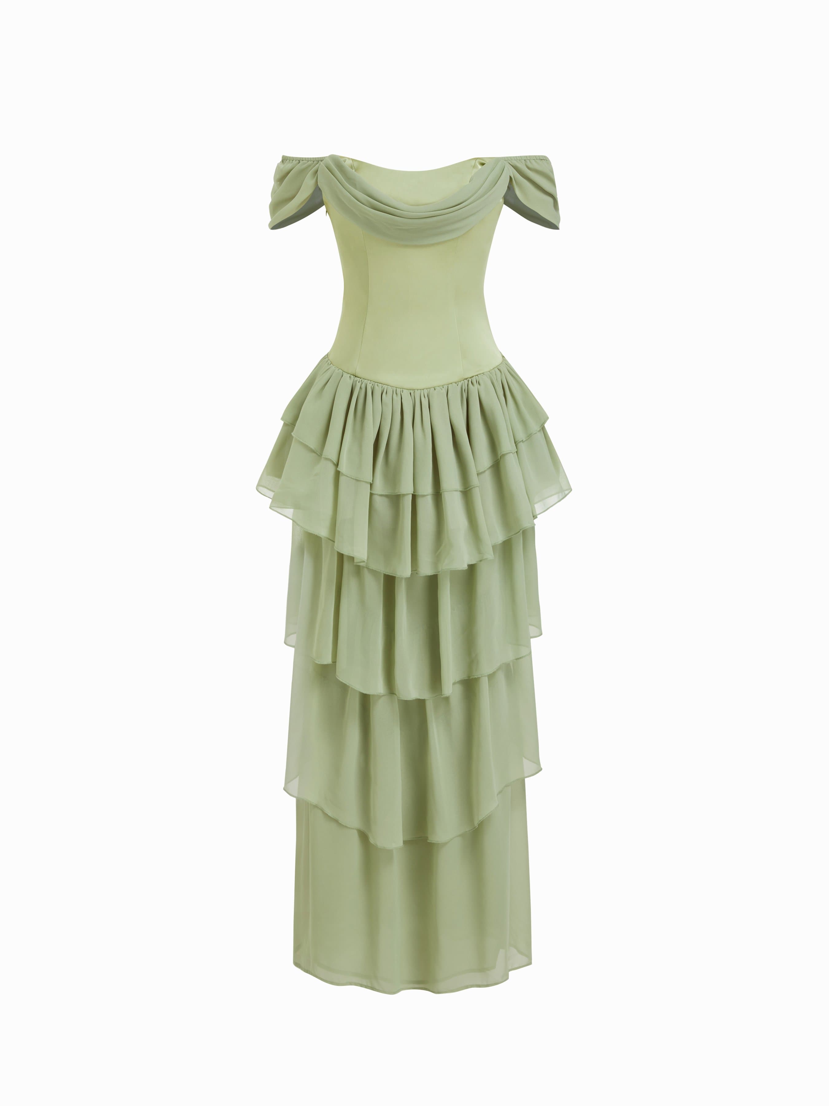 Chiffon Square Neck Draped Tiered Maxi Dress - image 1