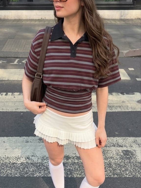 Cotton-blend Striped Polo Neck Short Sleeve Ruched Tee - image 1