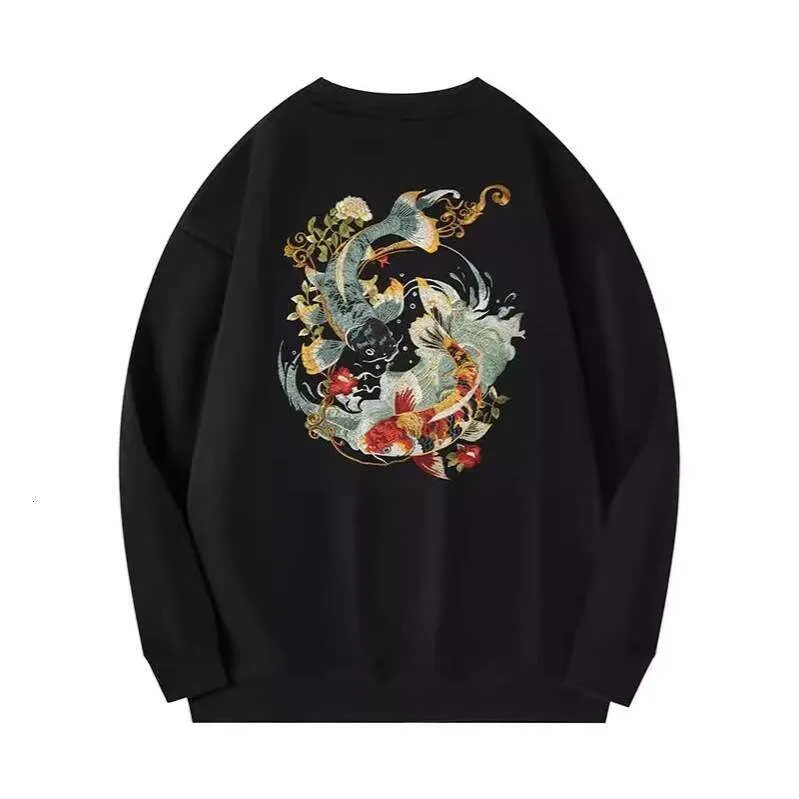 Koi National Trend Embroidered Sweatshirt Round Neck Cotton Double Fish Playing In Water Top For Men - image 1