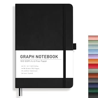 RETTACY Graph Grid Paper Notebook, 192 Pages, A5 (5.7" x 8.3"), Leather Hardcover, 5 Squares per Inch, 100 GSM Paper, Black - image 1