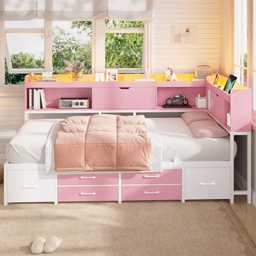 MSmask 14 Inch Corner Bed Frame with Storage Headboard, Bookcase, 6 Drawers, Twin Daybed with Charging Station and LED Lights, Metal Platform Bed for Kids and Teens, Pink - image 1
