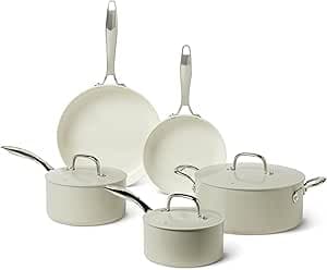 Amazon Basics Ceramic Nonstick Cookware 8-Piece Set, Linen Gray - image 1