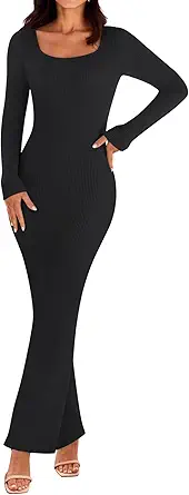 MEROKEETY Women's Long Sleeve Square Neck Ribbed Knit Bodycon Sweater Dress - image 1