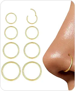 Hypoallergenic Nose Rings Hoops Set for Women Men 8Pcs 18G Gold/Silver 316L Surgical Stainless Steel Nose Hoops Hinged Clicker Septum Rings 6-9mm - image 1